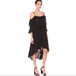 Bcbgmaxazria Women's Lorelie Black Cold Shoulder Asymmetrical Dress with Ruffles